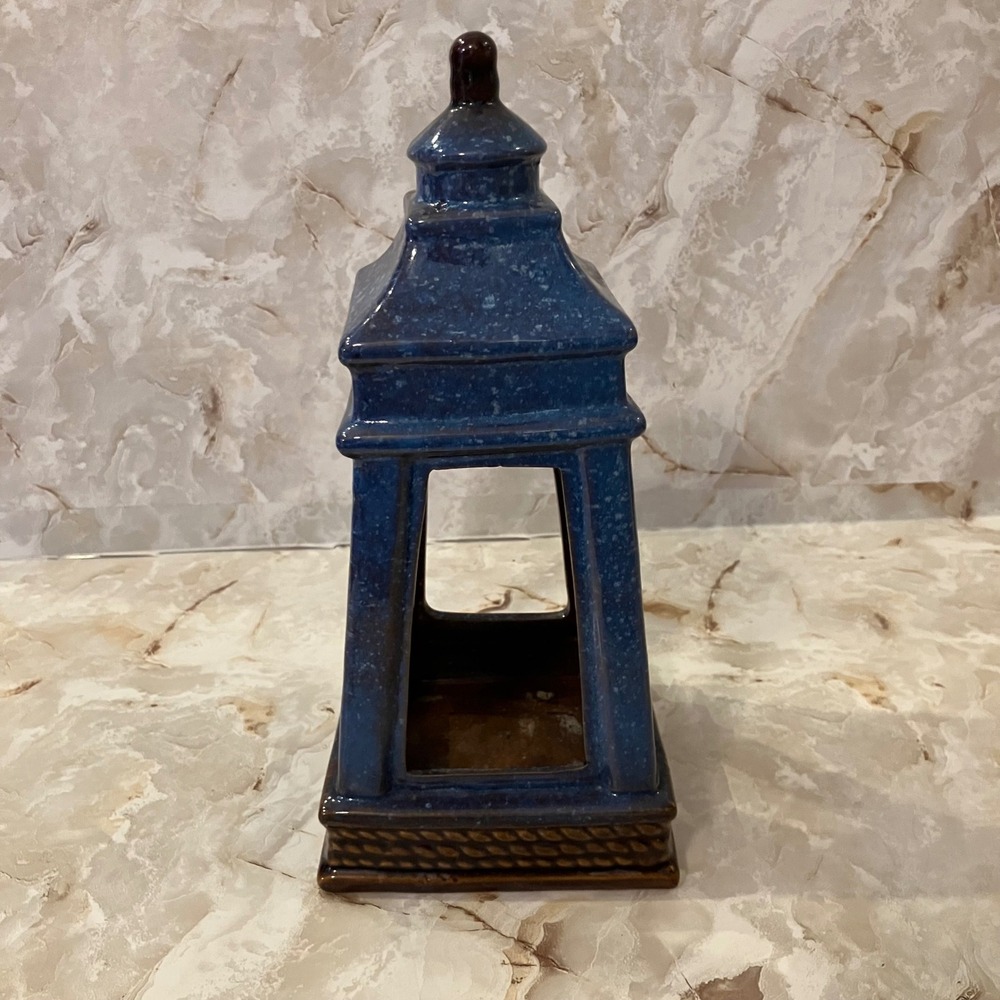 Vintage Blue Speckled Ceramic Pagoda Tea Light Candle Holder Chinoiserie 11 Inch